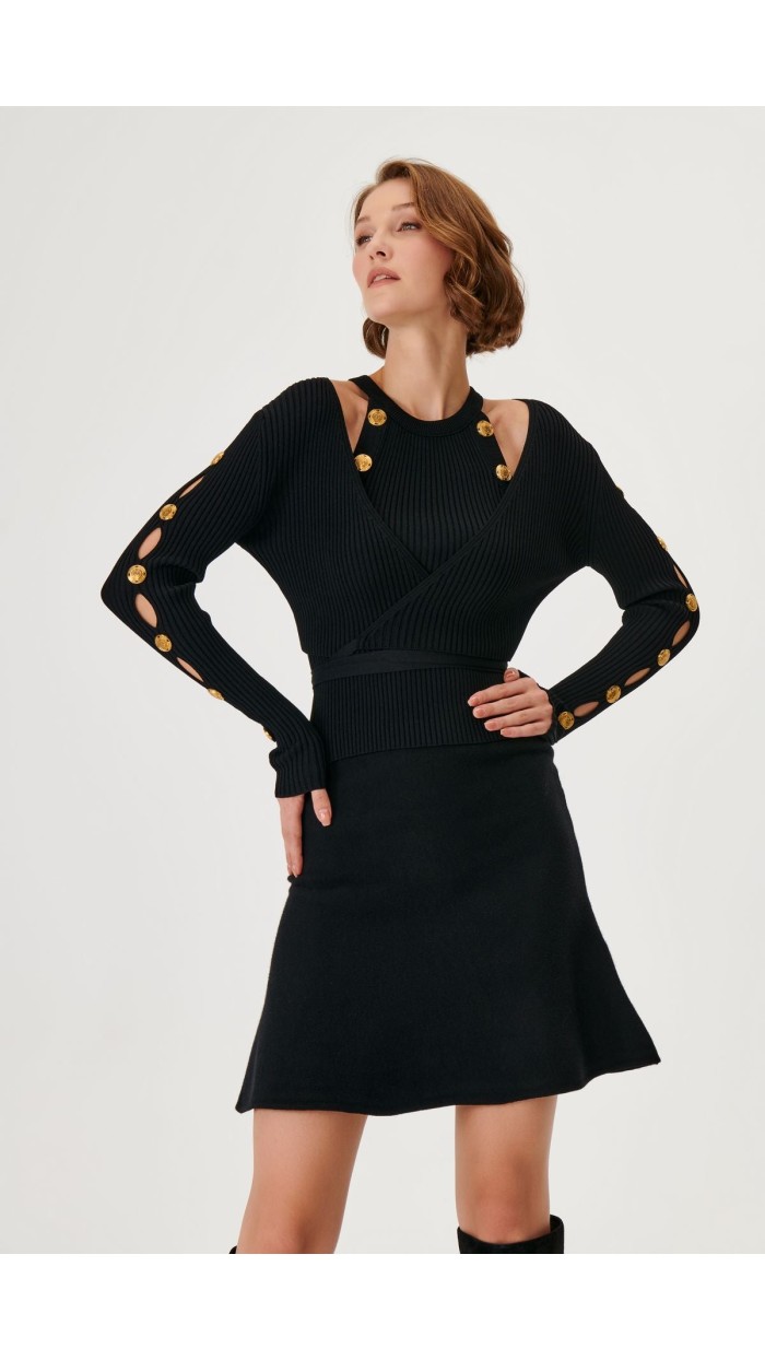 Düğme Detaylı Kruvaze Siyah Triko Hırka