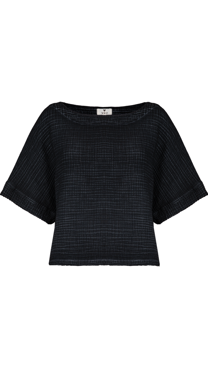 Crinkle Siyah Kısa Kollu Üst
