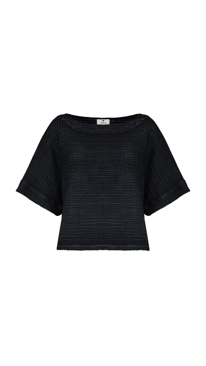 Crinkle Siyah Kısa Kollu Üst